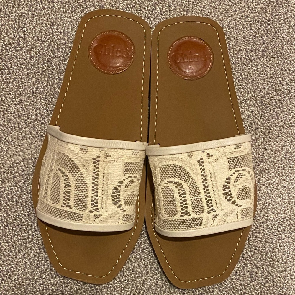 CHLOÉ Woody Logo Lace Slides Sandals in Ivory Size 36